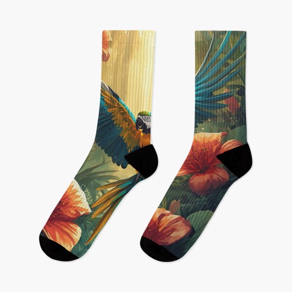 Item preview, “Macaw in Flight – Tropical Parrot & Jungle Flowers” designed and sold by NomadikStudio.