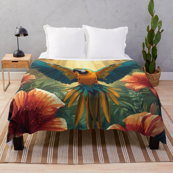 Item preview, “Macaw in Flight – Tropical Parrot & Jungle Flowers” designed and sold by NomadikStudio.