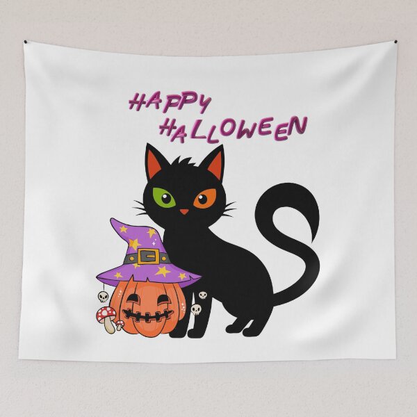 Item preview, Happy Halloween with Black Cat and Jack-o'-Lanterns. designed and sold by Dinasshop.
