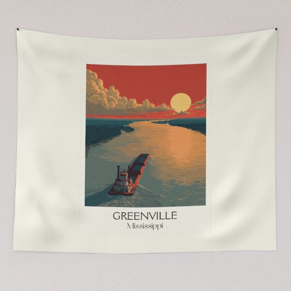 Item preview, Greenville Mississippi River | Towboat at Sunset Art Print designed and sold by TuncGK.
