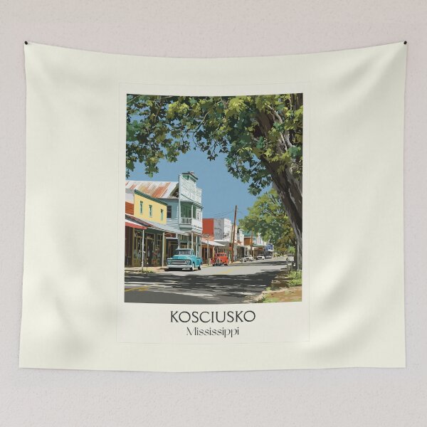 Item preview, Kosciusko Mississippi Main Street | Nostalgic Town Art Print designed and sold by TuncGK.