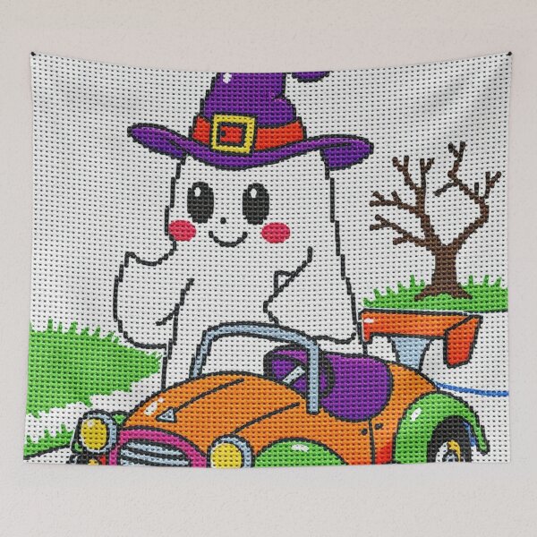 Item preview, Cute Kawaii Ghost in Witch Hat – Spooky Cross Stitch Halloween Art designed and sold by MiraLumeStudio.
