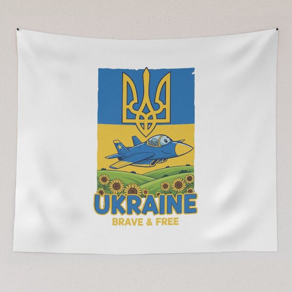 Item preview, Ukraine Brave & Free Cartoon with Fighter Jet designed and sold by RGShirtWorks.