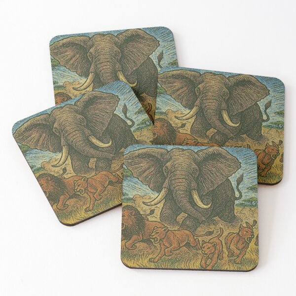 Item preview, Vintage comic-styled African Bull Elephant chasing off a pride of lions designed and sold by The-graphic-Artist .