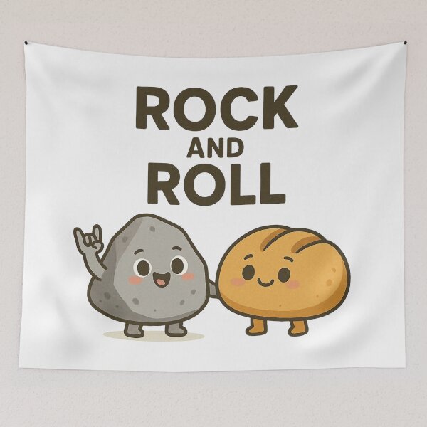 Item preview, Cute Rock and Roll Pun Cartoon with Happy Bread and Stone. designed and sold by The-T-In-Retro.