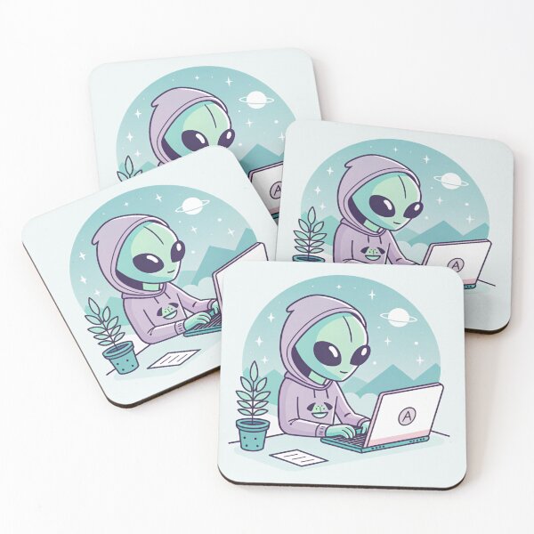 Item preview, Alien Coder – Cute Kawaii Alien Working on Laptop Illustration for Tech and Space Lovers designed and sold by VivoStudio.