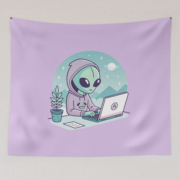 Item preview, Alien Coder – Cute Kawaii Alien Working on Laptop Illustration for Tech and Space Lovers designed and sold by VivoStudio.