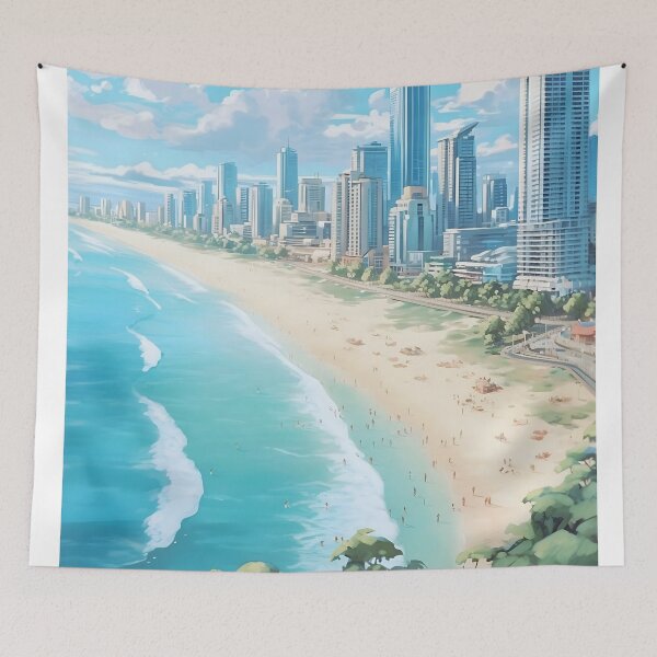 Item preview, Gold Coast Australia Beach Skyscraper Vintage Travel Print designed and sold by LaFabricaArt.
