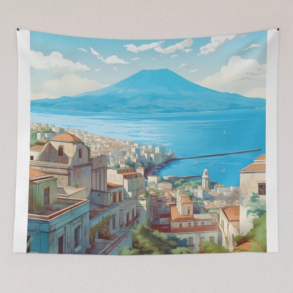 Item preview, Naples Vesuvius Italy Vintage Mediterranean Travel Poster designed and sold by LaFabricaArt.