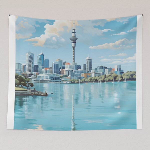 Item preview, Auckland New Zealand Vintage Skyline Travel Poster Print designed and sold by LaFabricaArt.