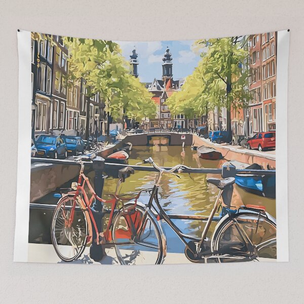 Item preview, Amsterdam Canal View Bikes Vintage Netherlands Travel Poster designed and sold by LaFabricaArt.