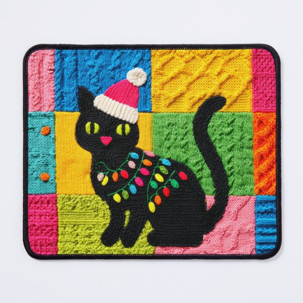 Item preview, Patchwork Christmas Tree Lights Black Cat with Santa Hat designed and sold by scicilysimonee.
