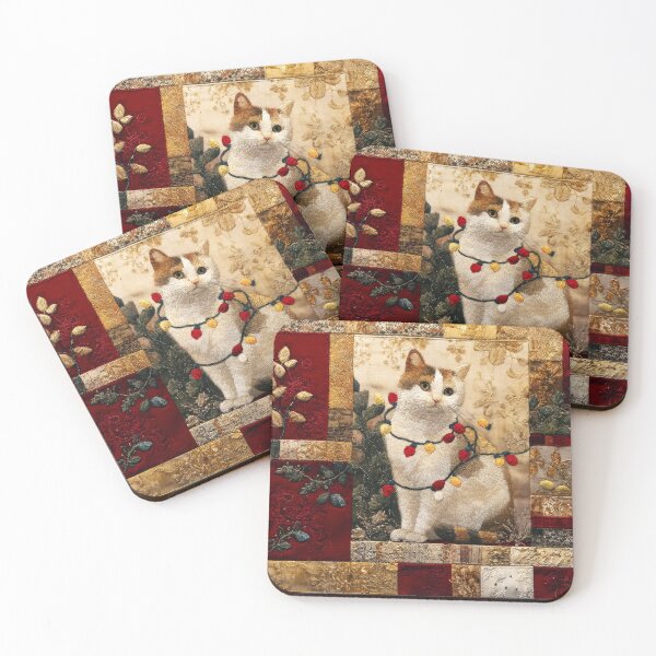 Item preview, Patchwork Christmas Tree Lights Cat - Retro Luxury designed and sold by scicilysimonee.