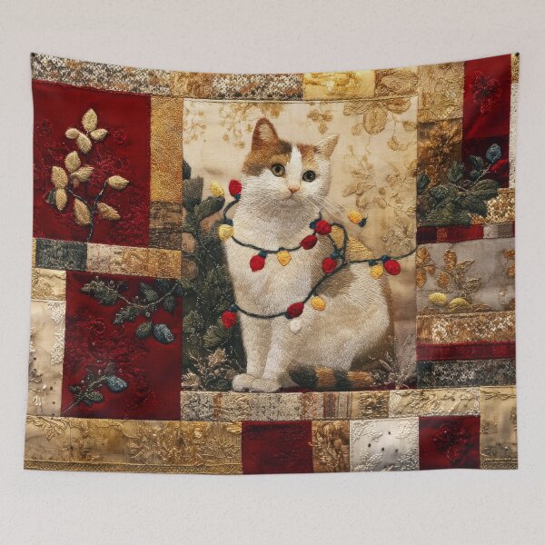 Item preview, Patchwork Christmas Tree Lights Cat - Retro Luxury designed and sold by scicilysimonee.