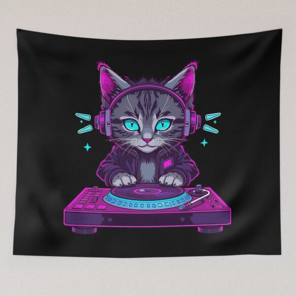 Item preview, Cyberpunk Neon DJ Cat - Groovy Feline Turntablist designed and sold by ArtCustomDesign.