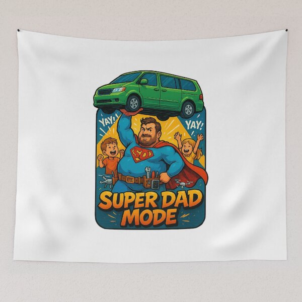 Aperçu de l'œuvre Autocollant Super Papa Superman Lift - T-shirt Minivan avec ceinture à outils et drone créée et vendue par GeniePixel.