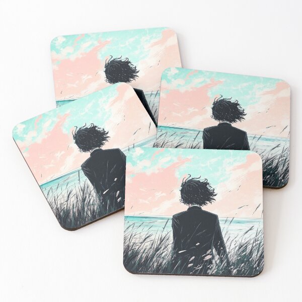 Item preview, In a serene landscape, a contemplative figure faces the ocean at dusk in a wheat field designed and sold by Jerhus.