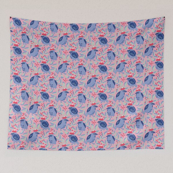 Item preview, Blue Birds in Red Berets Retro Thrift-Inspired Pattern designed and sold by Ema Tudose.