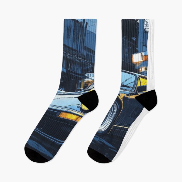 Item preview, A retro black sports car on a lit city street at nightfall designed and sold by Jerhus.