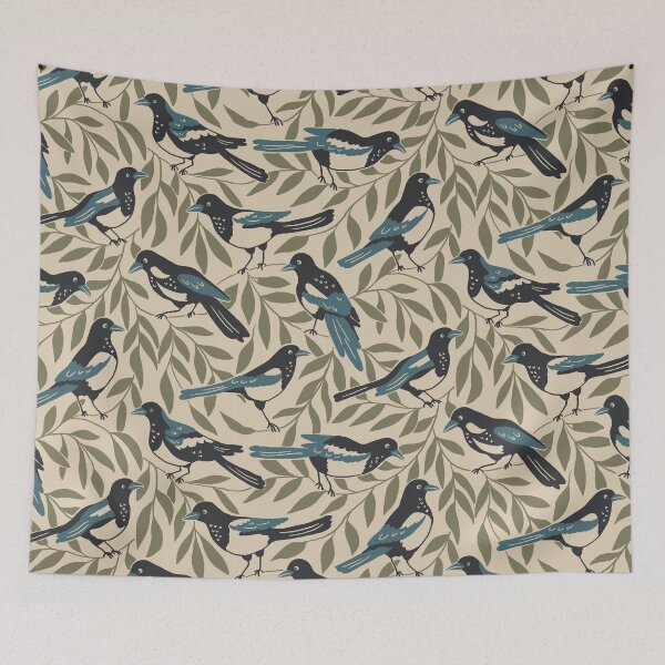 Item preview, Magpies and Willow Leaves Vintage Nature Pattern designed and sold by Ema Tudose.