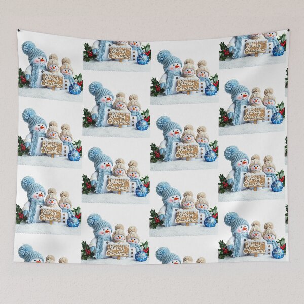 Item preview, Adorable Snowman Family Christmas Illustration with Blue & Beige Winter Outfits | Festive Holiday Scene Art designed and sold by PixelVibe782.