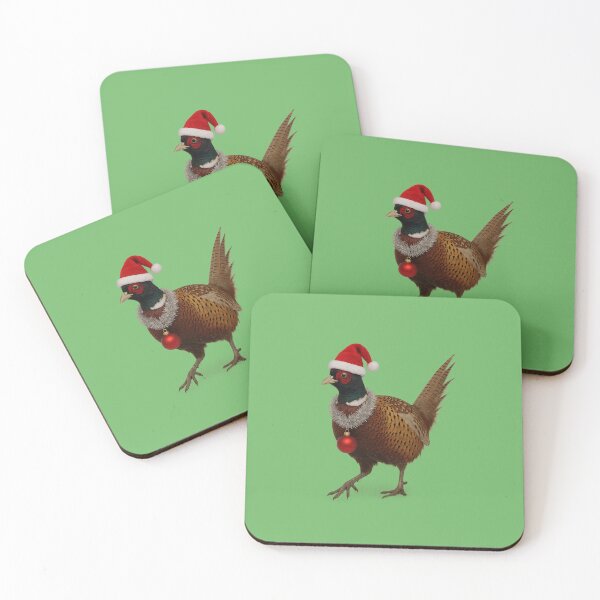 Item preview, Christmas Pheasant in Santa hat and wearing tinsel designed and sold by RhosynJonesDogDesigns.