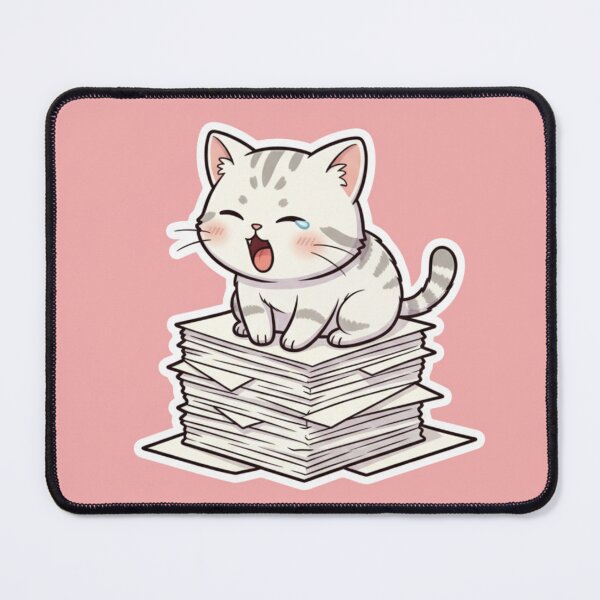 Item preview, Crying Adorable Chibi Cat Sticker Sitting on a Big Stack of Paper Procrastination Fun Sticker for Stress Relief and Relax designed and sold by bvdesignart.