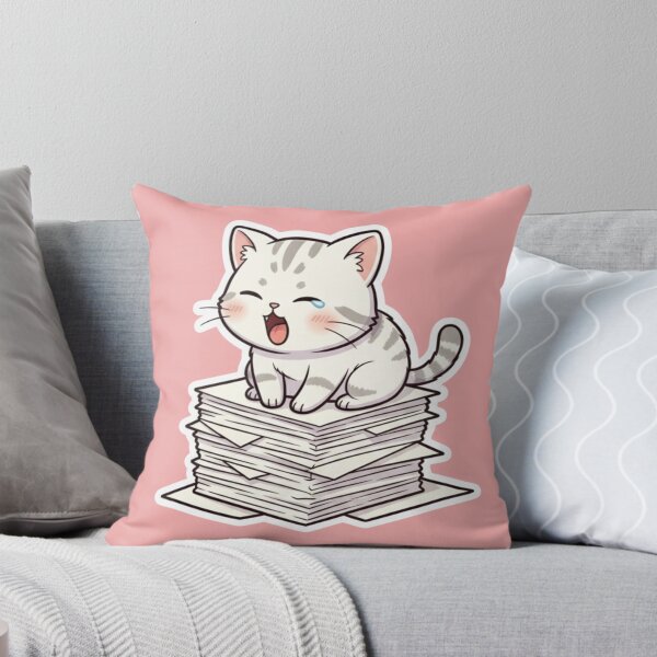 Item preview, Crying Adorable Chibi Cat Sticker Sitting on a Big Stack of Paper Procrastination Fun Sticker for Stress Relief and Relax designed and sold by bvdesignart.