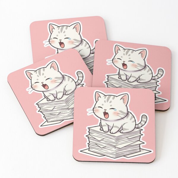Item preview, Crying Adorable Chibi Cat Sticker Sitting on a Big Stack of Paper Procrastination Fun Sticker for Stress Relief and Relax designed and sold by bvdesignart.