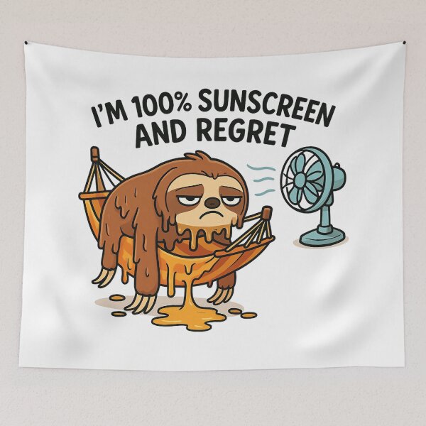 Item preview, Melted Sloth in Hammock with Fan and Sunscreen Regret Quote. designed and sold by The-T-In-Retro.