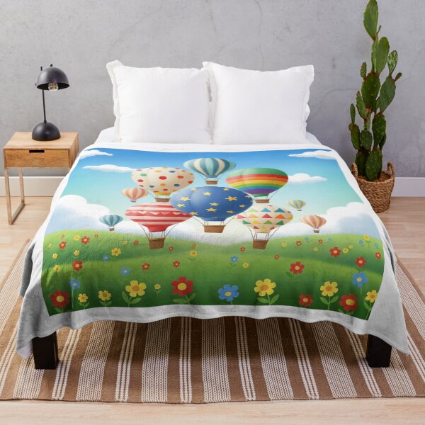 Item preview, Colourful Hot Air Balloons Over Flower Meadow Illustration. designed and sold by The-T-In-Retro.