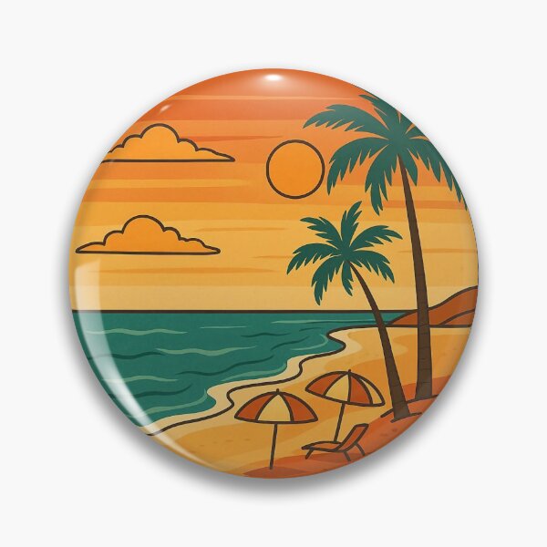 Item preview, Tropical Sunset Beach Scene with Palm Trees and Umbrellas. designed and sold by The-T-In-Retro.