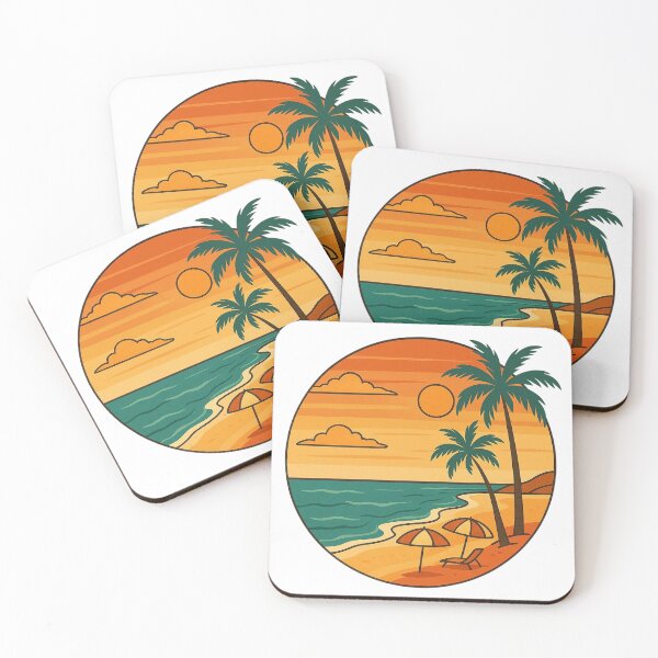 Item preview, Tropical Sunset Beach Scene with Palm Trees and Umbrellas. designed and sold by The-T-In-Retro.