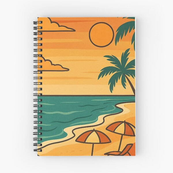 Item preview, Tropical Sunset Beach Scene with Palm Trees and Umbrellas. designed and sold by The-T-In-Retro.