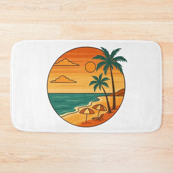 Item preview, Tropical Sunset Beach Scene with Palm Trees and Umbrellas. designed and sold by The-T-In-Retro.