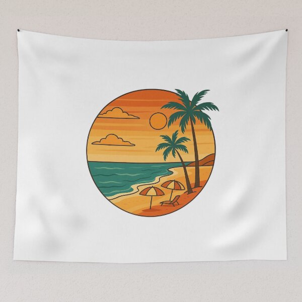 Item preview, Tropical Sunset Beach Scene with Palm Trees and Umbrellas. designed and sold by The-T-In-Retro.