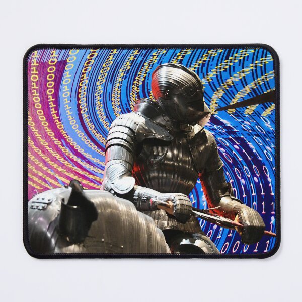 Item preview, Cyber War – Knight fights against red-blue wave with yellow binary code / Swiss Artwork Photography designed and sold by Raphael Wolf.