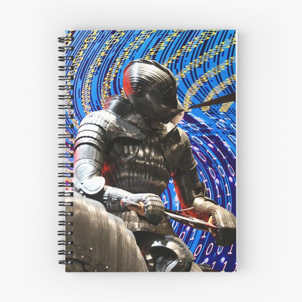 Item preview, Cyber War – Knight fights against red-blue wave with yellow binary code / Swiss Artwork Photography designed and sold by Raphael Wolf.