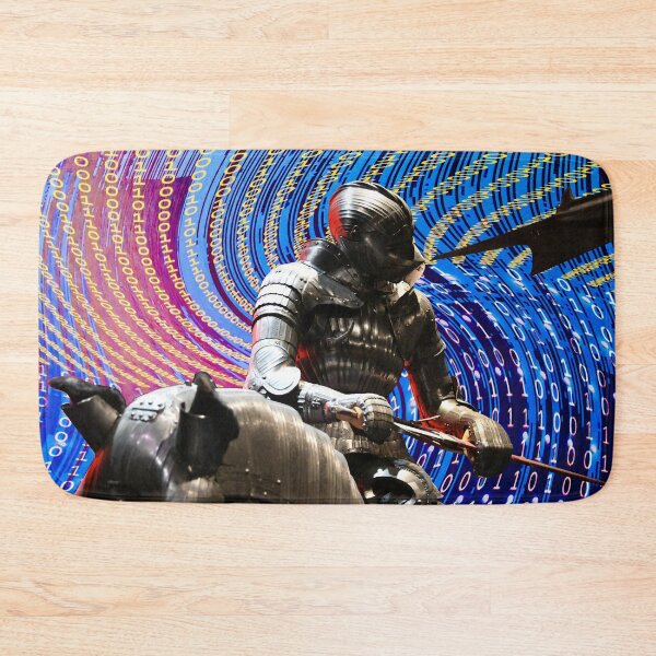 Item preview, Cyber War – Knight fights against red-blue wave with yellow binary code / Swiss Artwork Photography designed and sold by Raphael Wolf.