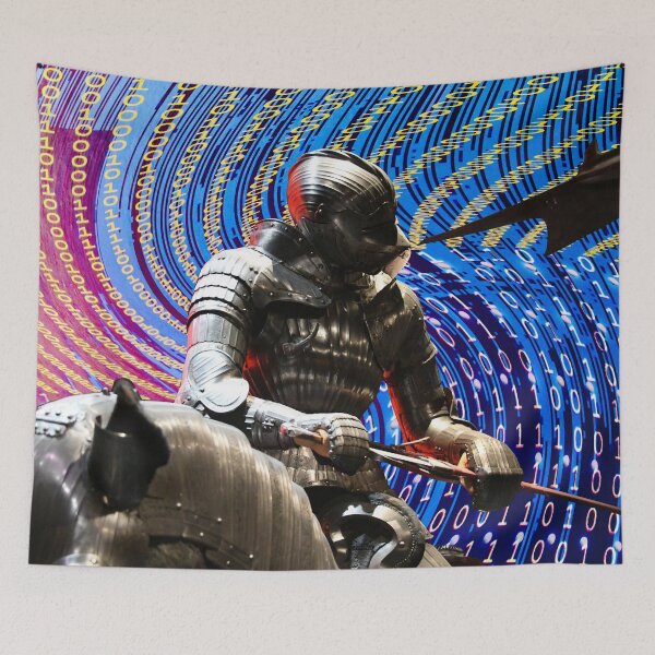 Item preview, Cyber War – Knight fights against red-blue wave with yellow binary code / Swiss Artwork Photography designed and sold by Raphael Wolf.