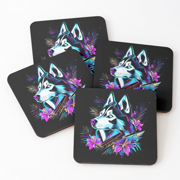 Item preview, Cyan Geometric Siberian Husky with Pink Lilies – Futuristic Floral Dog Art designed and sold by Naturalite19.