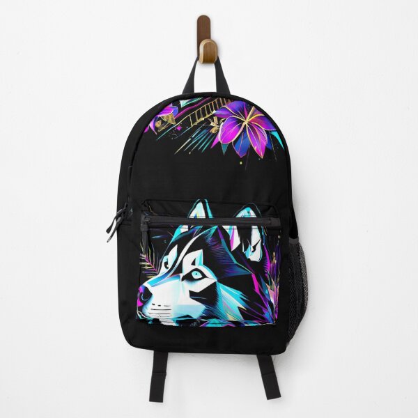 Item preview, Cyan Geometric Siberian Husky with Pink Lilies – Futuristic Floral Dog Art designed and sold by Naturalite19.