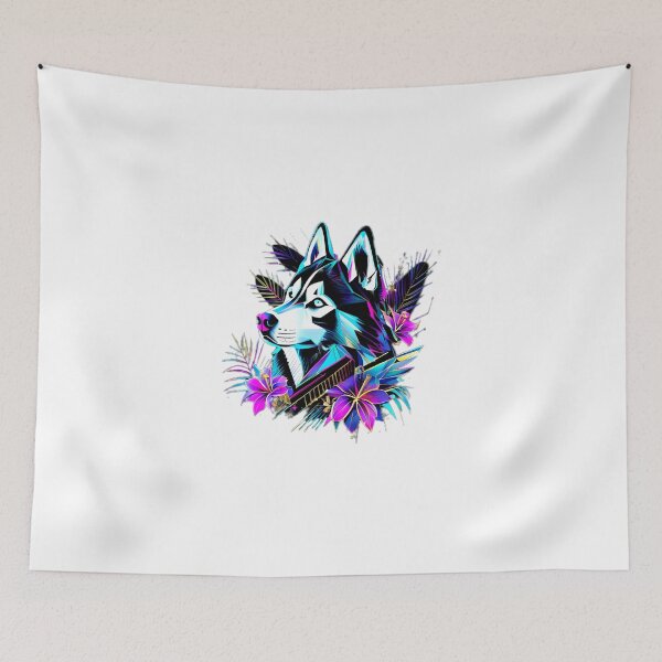 Item preview, Cyan Geometric Siberian Husky with Pink Lilies – Futuristic Floral Dog Art designed and sold by Naturalite19.