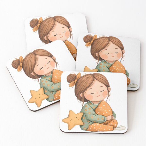 Item preview, Cute Cozy Sleepy Girl Watercolor | Bedtime Star Hugging Pillow Art designed and sold by K@Whimsical cottagecore.