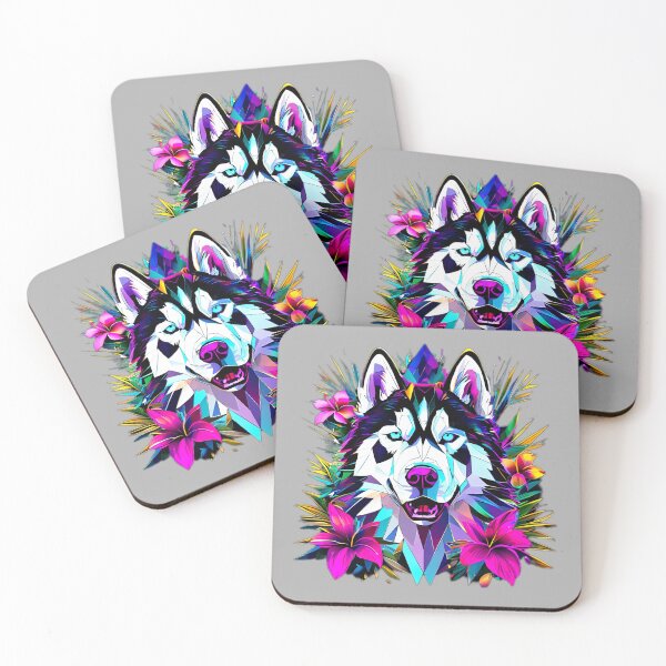 Item preview, Geometric Front-View Siberian Husky with Blue and Pink Lilies – Retro Modern Dog Art designed and sold by Naturalite19.