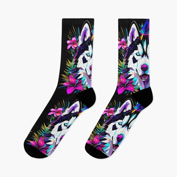 Item preview, Geometric Front-View Siberian Husky with Blue and Pink Lilies – Retro Modern Dog Art designed and sold by Naturalite19.