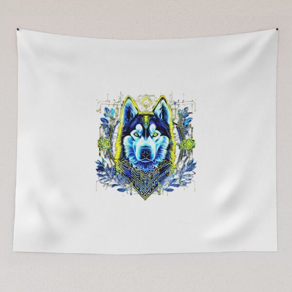 Item preview, Cyberpunk Husky with Yellow and Dark Blue Microcircuits – Futuristic Geometric Dog Art designed and sold by Naturalite19.
