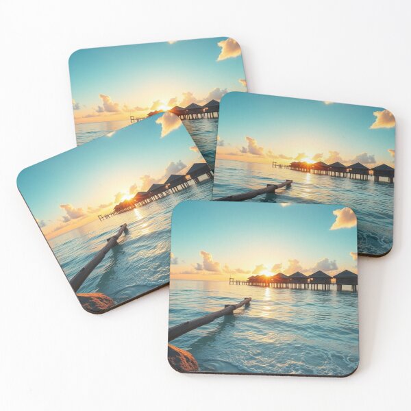 Item preview, Golden Tropical Sunrise Over Maldives-Style Water Bungalows designed and sold by Jade Ado.