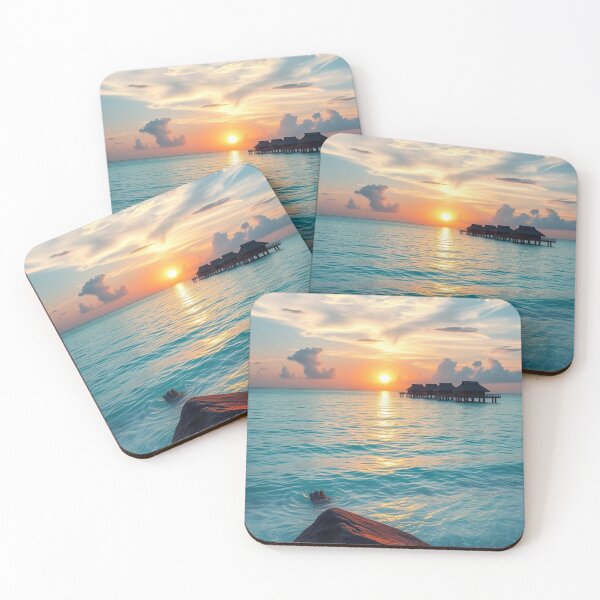 Item preview, Sunset Serenity | Turquoise Ocean and Water Bungalows at Golden Hour designed and sold by Jade Ado.
