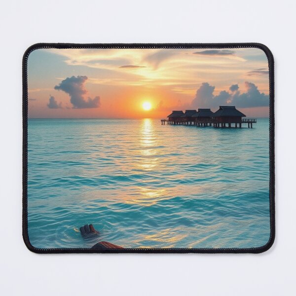 Item preview, Sunset Serenity | Turquoise Ocean and Water Bungalows at Golden Hour designed and sold by Vida e Arte.